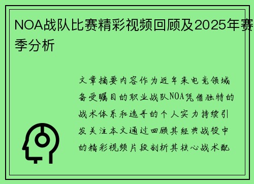 NOA战队比赛精彩视频回顾及2025年赛季分析