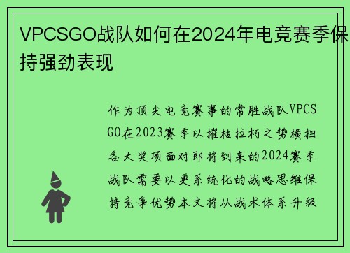 VPCSGO战队如何在2024年电竞赛季保持强劲表现
